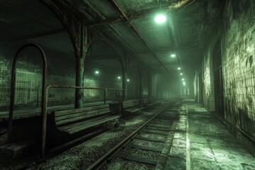 An abandoned subway station with haunting green lights, empty benches, and decaying walls, creating a mysterious and unsettling atmosphere underground.