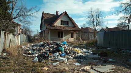Abandoned house with overgrown yard and a large pile of trash highlighting urban decay and neglect in a once vibrant neighborhood