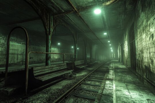 An abandoned subway station with haunting green lights, empty benches, and decaying walls, creating a mysterious and unsettling atmosphere underground.