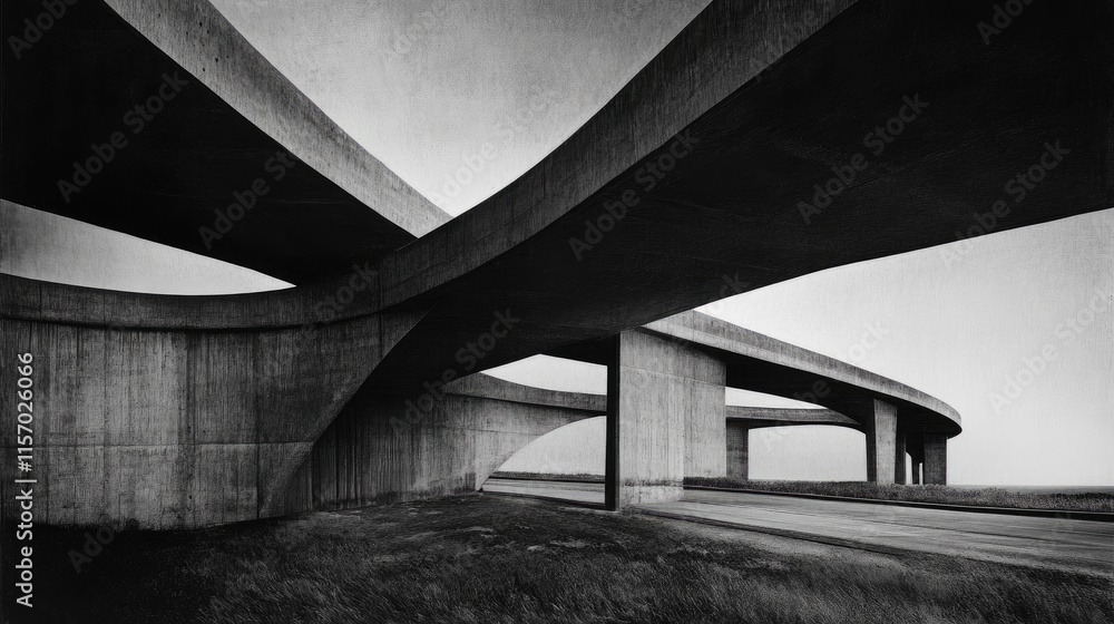 Poster intersecting elevated highways creating a dynamic architectural perspective in a monochromatic lands