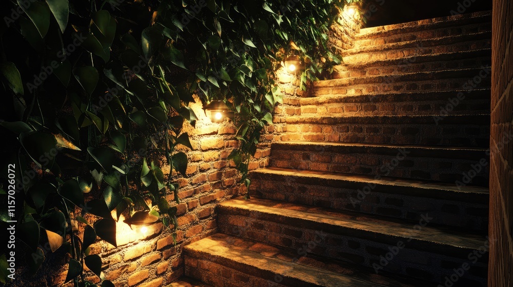 Poster vine covered staircase with ambient lighting and textured brick walls creating a warm inviting atmos