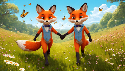Naklejka premium Cute digital art of a cartoon-style fox couple holding hands in a meadow with butterflies, cheerful colors, for print