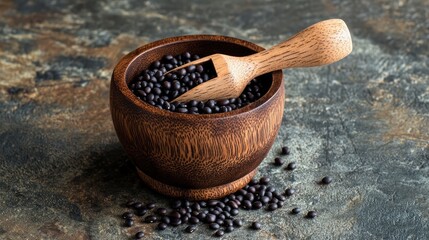 Black beans Vigna mungo in wooden cup with scoop on textured surface showcasing natural food presentation and rustic design