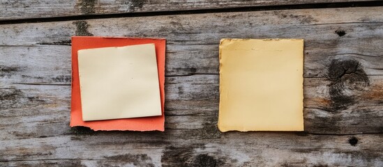 Colorful holiday notes on a weathered wooden surface for festive messages and reminders in a rustic setting.