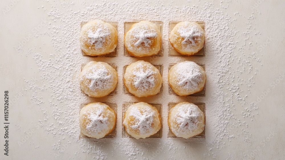 Poster freshly baked homemade donuts dusted with powdered sugar arranged in a square pattern on a light gra