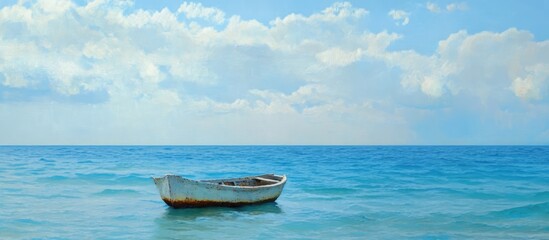 Naklejka premium Serene boat floating on calm sea waters under a beautiful sky with fluffy clouds and distant horizon for tranquil seaside imagery.