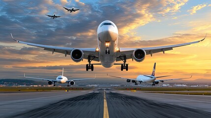 A magnificent view of an airplane taking off while another lands at a busy airport, surrounded by a striking sky and ocean