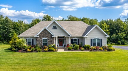 Charming Suburban Home with Lush Garden and Clear Blue Sky