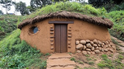 Traditional Mud House Entrance Surrounded by Lush Greenery in Rural Village Setting