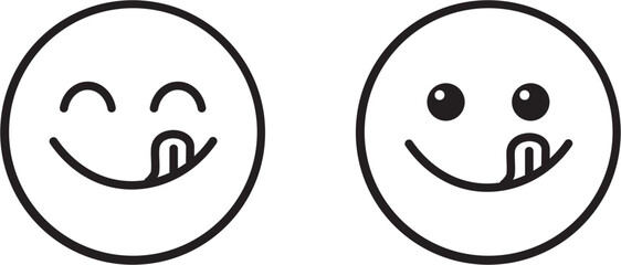 Yummy smile emoji with tongue lick mouth. Delicious tasty food symbol for social network. Yummy and hungry icon. Savory gourmet. Enjoy food sign. Vector illustration isolated on white background.