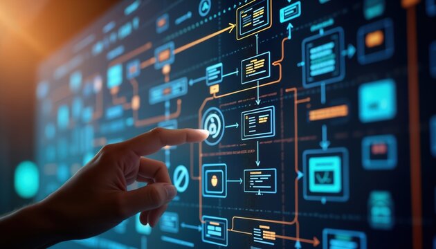 Hand interacts with interactive database screen. Flowchart illustrates user journey. Visual representation of navigation process. Interface displays steps in workflow. Graphical representation of