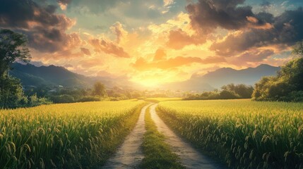 Scenic village road winding through lush paddy fields under a dramatic sunset sky with vibrant clouds and distant mountains.