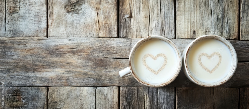 Poster cups of milk with heart design on wooden table overhead view empty space for text rustic warm homey 