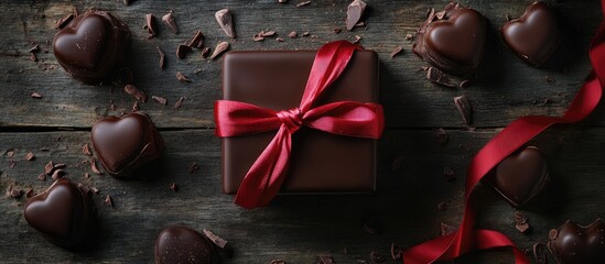 Valentine chocolate gift box with red ribbon surrounded by heart-shaped confections on rustic wooden backdrop