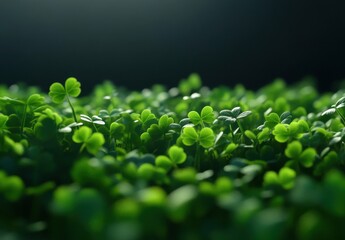 Lush Green Clover Field Under Soft Light Showcasing the Beauty of Nature's Vegetation and Delicate Leaves Against a Serene Dark Background