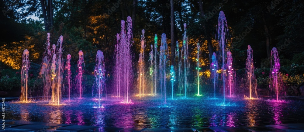 Poster illuminated water fountain display with vibrant colors and dynamic jets in a serene evening garden s