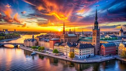 Fototapeta premium Riddarholmen Church & Stockholm Skyline Double Exposure - Dramatic Sunset Stock Photo
