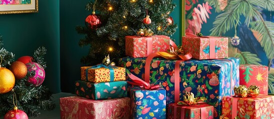 Fototapeta premium Colorful and beautifully wrapped Christmas gifts stacked under a decorated tree in a festive holiday setting.