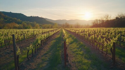 Vibrant vineyard landscape during spring with sun setting over lush green rows and distant mountains creating a serene atmosphere