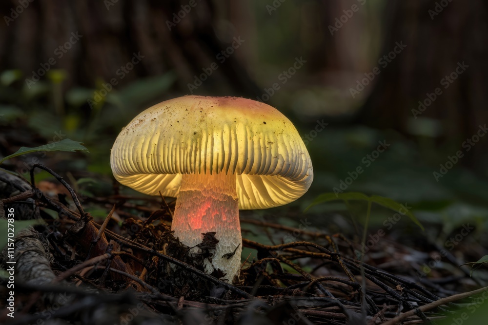 Aufkleber glowing mushroom illuminated in a forest setting, showcasing its intricate details and vibrant color