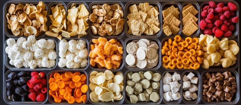 Colorful assortment of healthy snacks in a variety tray including fruits nuts and crackers for a balanced diet and energy boost