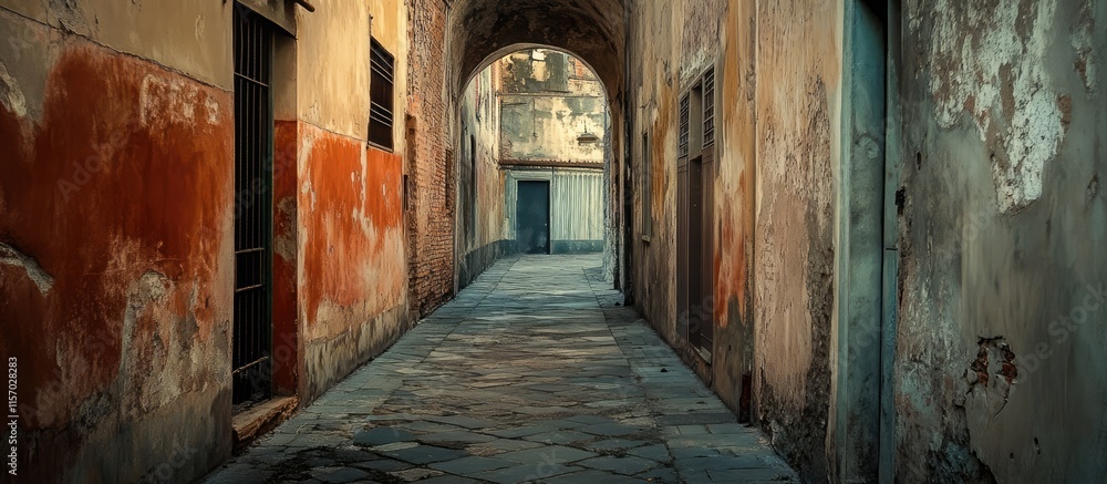 Poster narrow cobblestone alleyway in historical forli showcasing rustic architecture and textured walls un