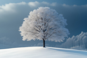 Snowy lonely tree on the hill during winter. All colours are bright and soft. Dark blue cloudy sky.