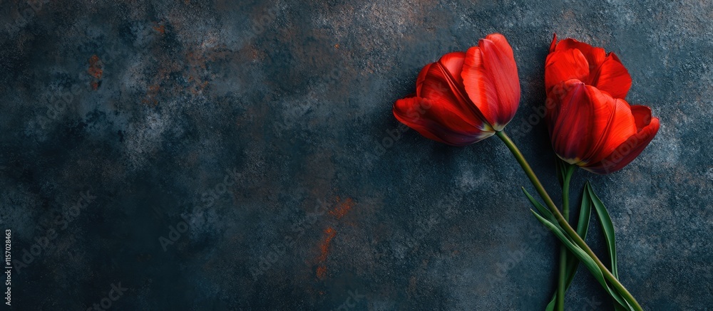 Poster red tulips on dark concrete background ideal for greeting card design with blank space for personali