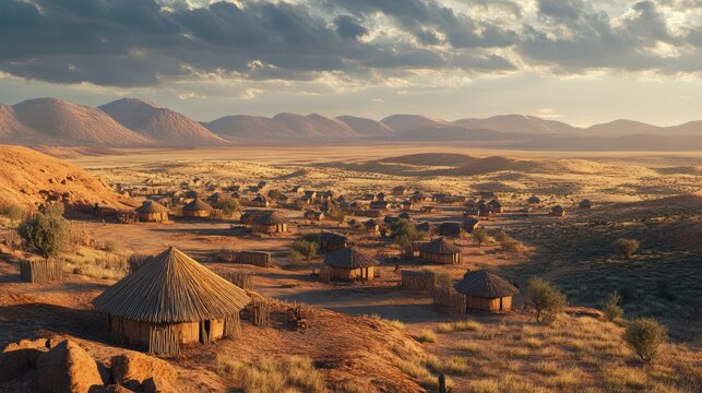 Desert village with traditional rondavel shacks surrounded by mountains and expansive arid landscape under dramatic sky