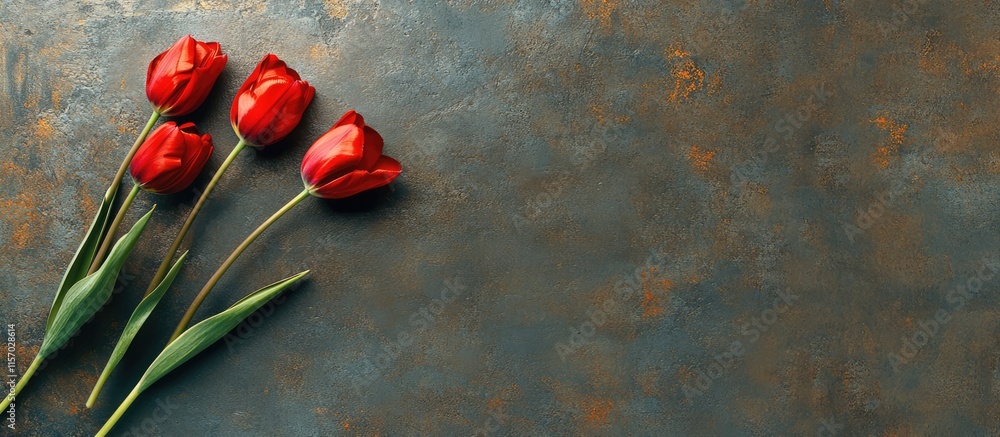 Poster red tulips arranged on a rustic dark concrete surface aerial view with blank space for text suitable