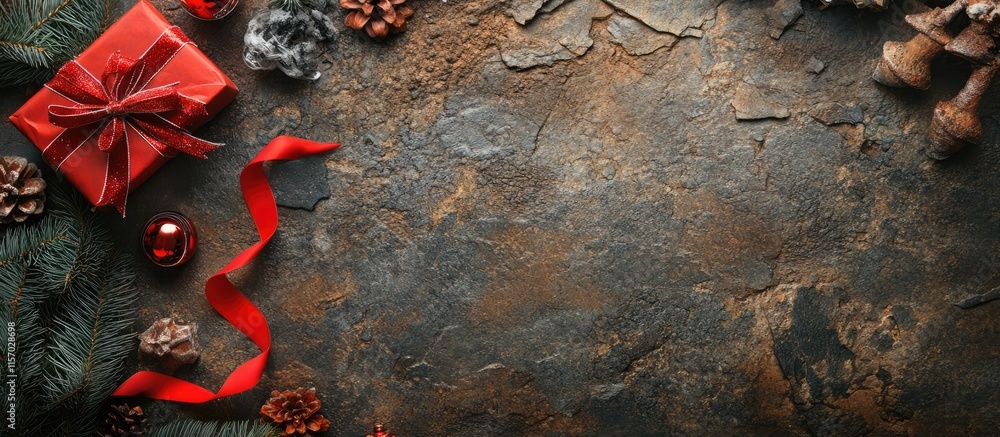 Poster red ribbon gift with decorative tree toys on a textured stone surface creating a festive background 