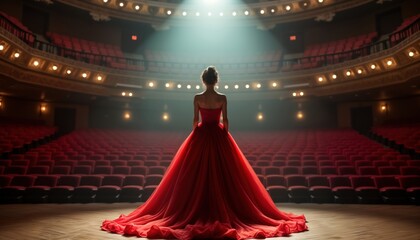 Opera singer in red dress stands on stage of concert hall. Woman in stunning red gown ready to perform before large audience. Backstage view of performer captivating, elegant. Professional performer