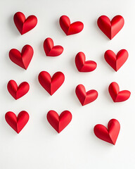 Red folded paper hearts on a white background for Valentine's Day decor and crafts
