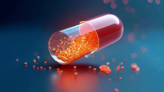 A translucent capsule filled with vibrant orange particles, surrounded by scattered beads.