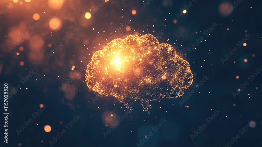Poster glowing brain with sparkling particles on dark background