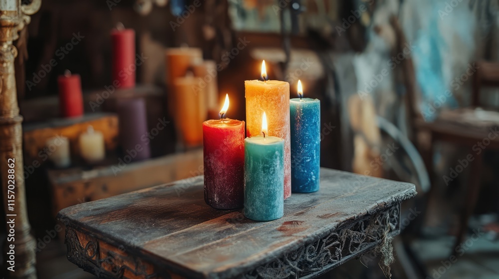 Poster colorful vintage candles glowing softly on rustic wooden cart in atmospheric setting creating a warm