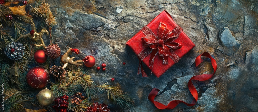 Poster red ribbon gift box surrounded by festive tree ornaments on a textured stone background with space f