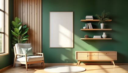 Modern living room design with wooden, green interior. Empty space with wooden chair, plant, shelves. Green wall, wooden furniture. Natural light casts shadows on floor, walls. Blank poster on wall.