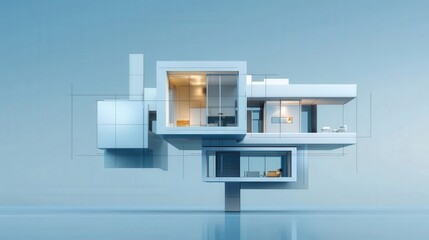 A minimalist geometric house blueprint floating on a modern design grid