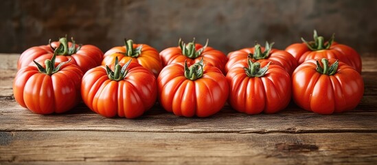 Freshly harvested ripe tomatoes beautifully arranged on a rustic wooden table ideal for culinary displays and food photography