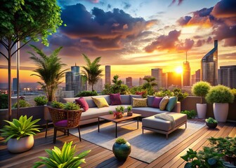 Fototapeta premium Rooftop Terrace with City View: Relaxing Outdoor Seating Area
