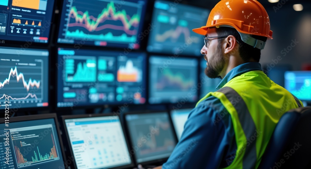 Aufkleber Technician in control room closely watches multiple monitors displaying data graphs, charts. Wears safety helmet, vest. Many screens show complex tech information. Seems focused on managing system