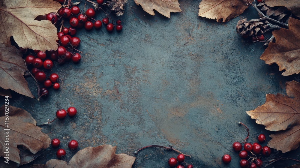 Poster rustic autumn border featuring berries and fallen leaves on a textured surface with ample copyspace 