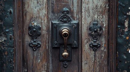 Obraz premium Closeup of vintage wooden door with ornate metal handle and weathered textures showcasing a blend of rustic and modern design elements