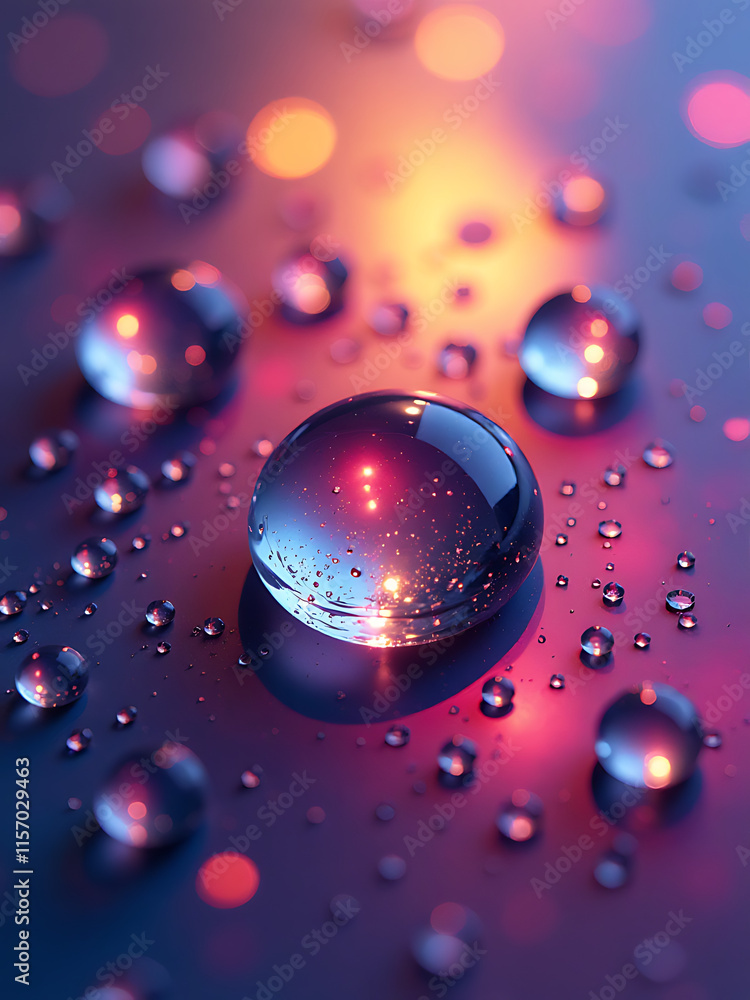 Poster Small Droplets Of Water Reflect Vibrant Colors Of A Beautiful Background In An Intricate And Delicate Visual Display. 00001