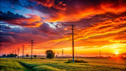 Obraz premium Rural Power Line Landscape: Silhouette of Utility Poles Against Sunset Sky