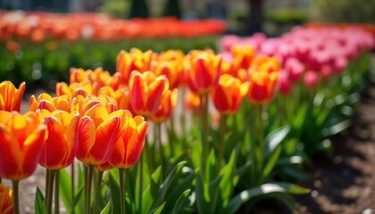 Obraz premium Vibrant tulips in garden. Orange, red tulips bloom in spring. Rows of colourful flowers. Sunlight highlights petals. Springtime beauty of nature. Peaceful floral display in park. Horticulture,