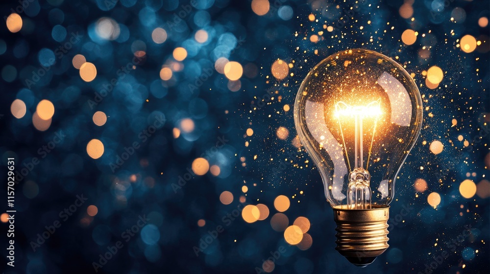 Poster glowing light bulb with sparkling background and bokeh effect