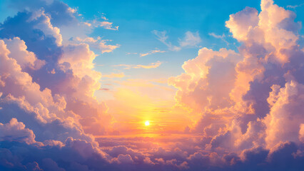 Fototapeta premium Vibrant sunset painted across a canvas of clouds in a serene sky, capturing the beauty of nature at twilight