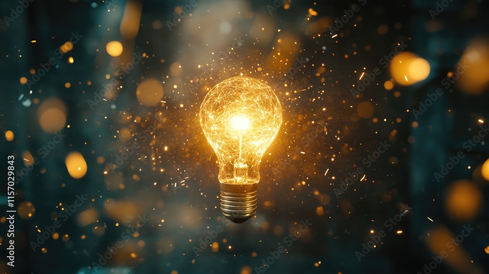 Poster bright sparkling light bulb with colorful bokeh background